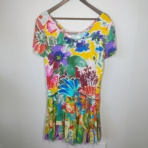 Vintage Jams World Hattie Dress Women XS Garden Sunrise Gold Floral Tiered Beach